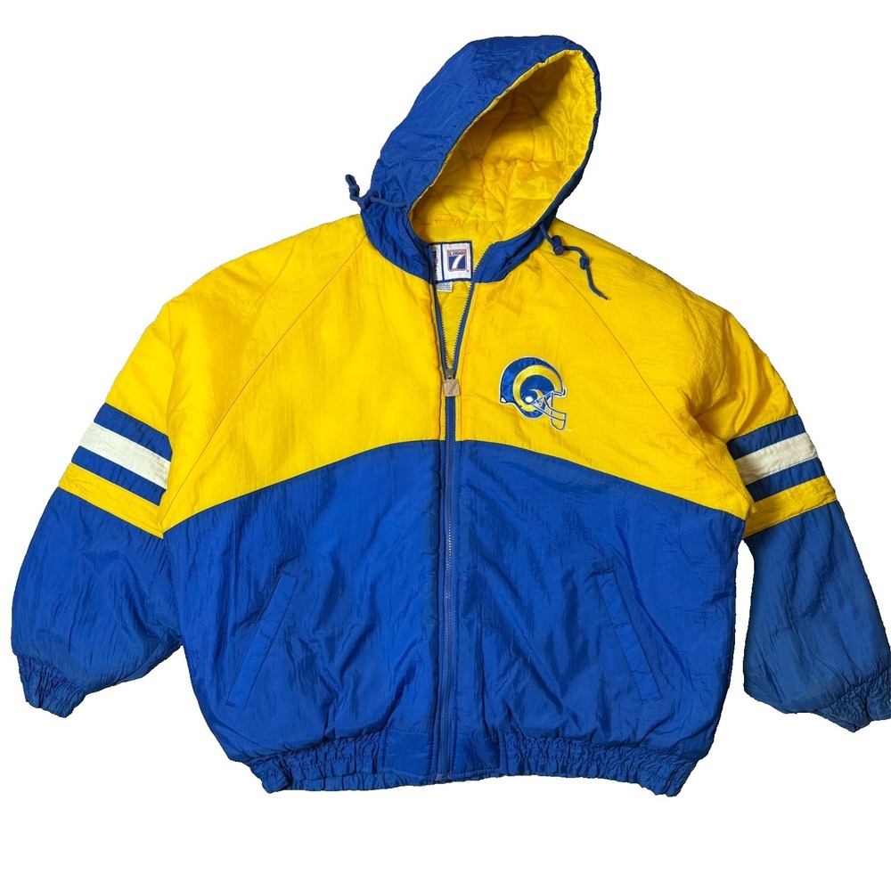Vintage St. Louis Rams Logo 7 Puffer Jacket XL Blue Yellow NFL Football Hooded 9